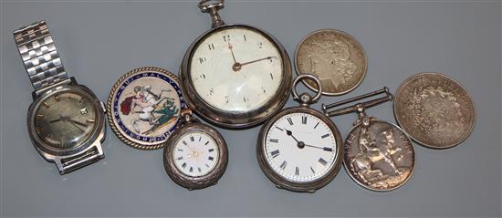 A George III silver pair cased verge pocket watch by Brentwood, London and other watches and mixed coins.